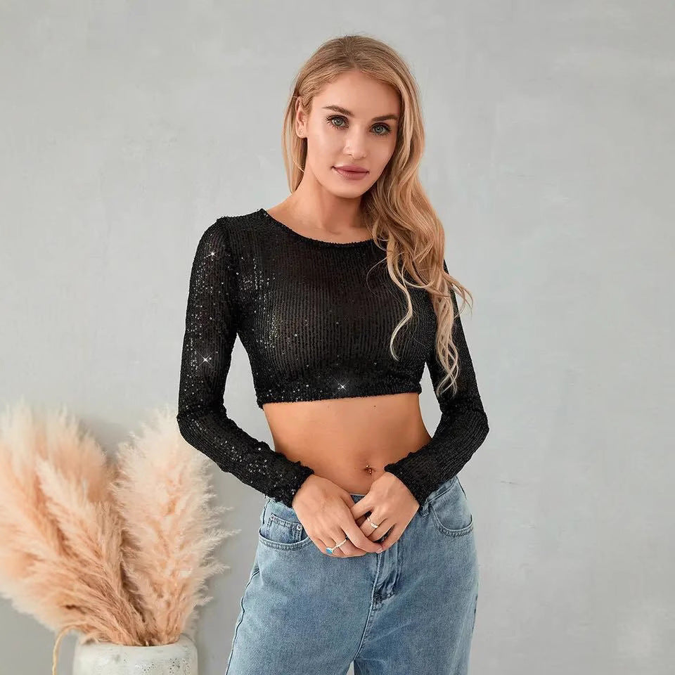 Damen Glitzerndes Langarm-Crop- Figurbetont Eveloria