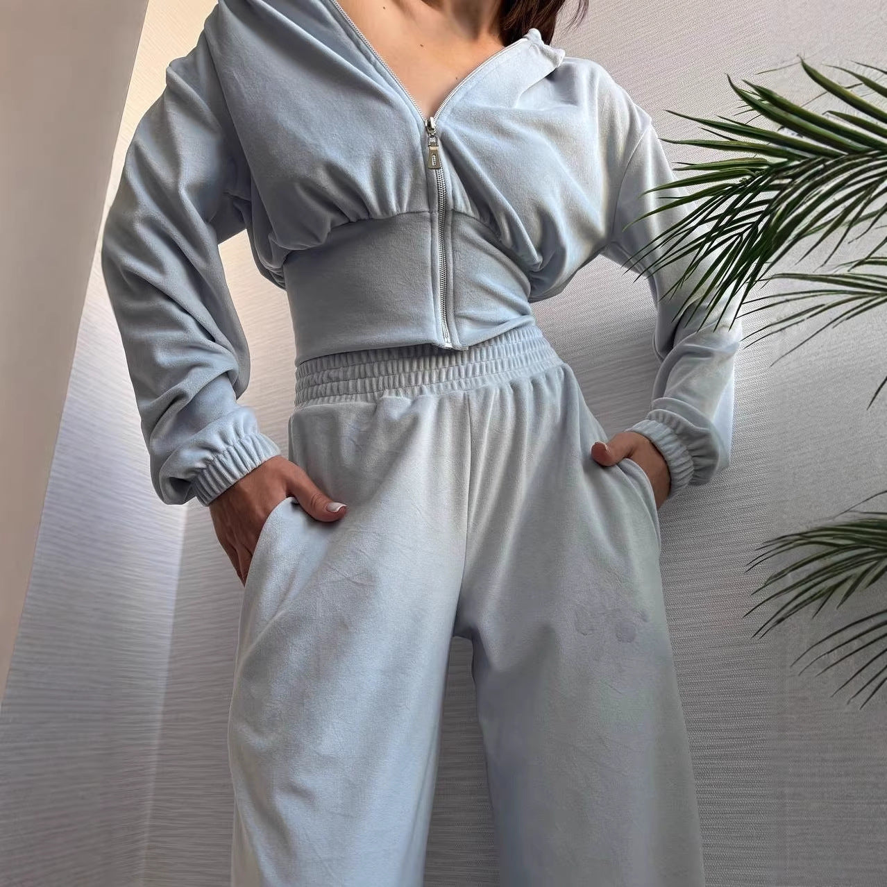 Damen Lounge-Set mit Kapuze Elastischer Bund Grau Eveloria - Eveloria