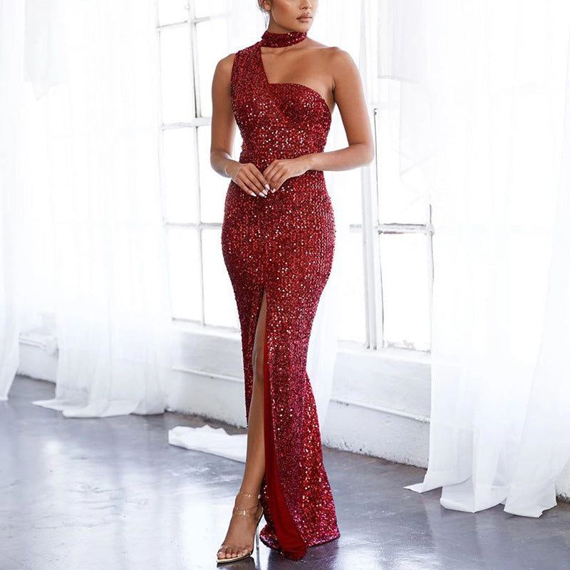 Damen Abendkleid Paillettenbesatz Hochschlitz Schwarz - Eveloria