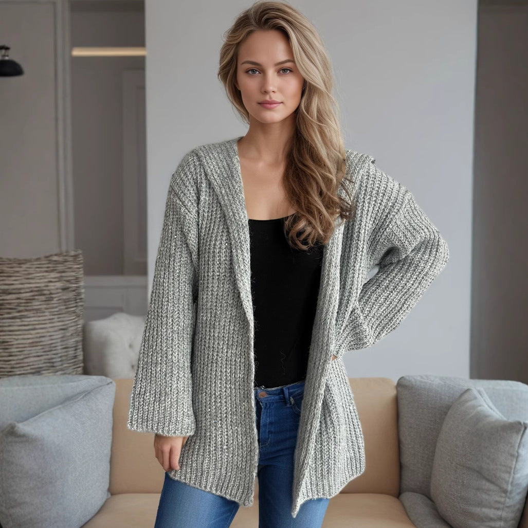 Damen Strickjacke Offen Vorne Lockere Ärmel Beige