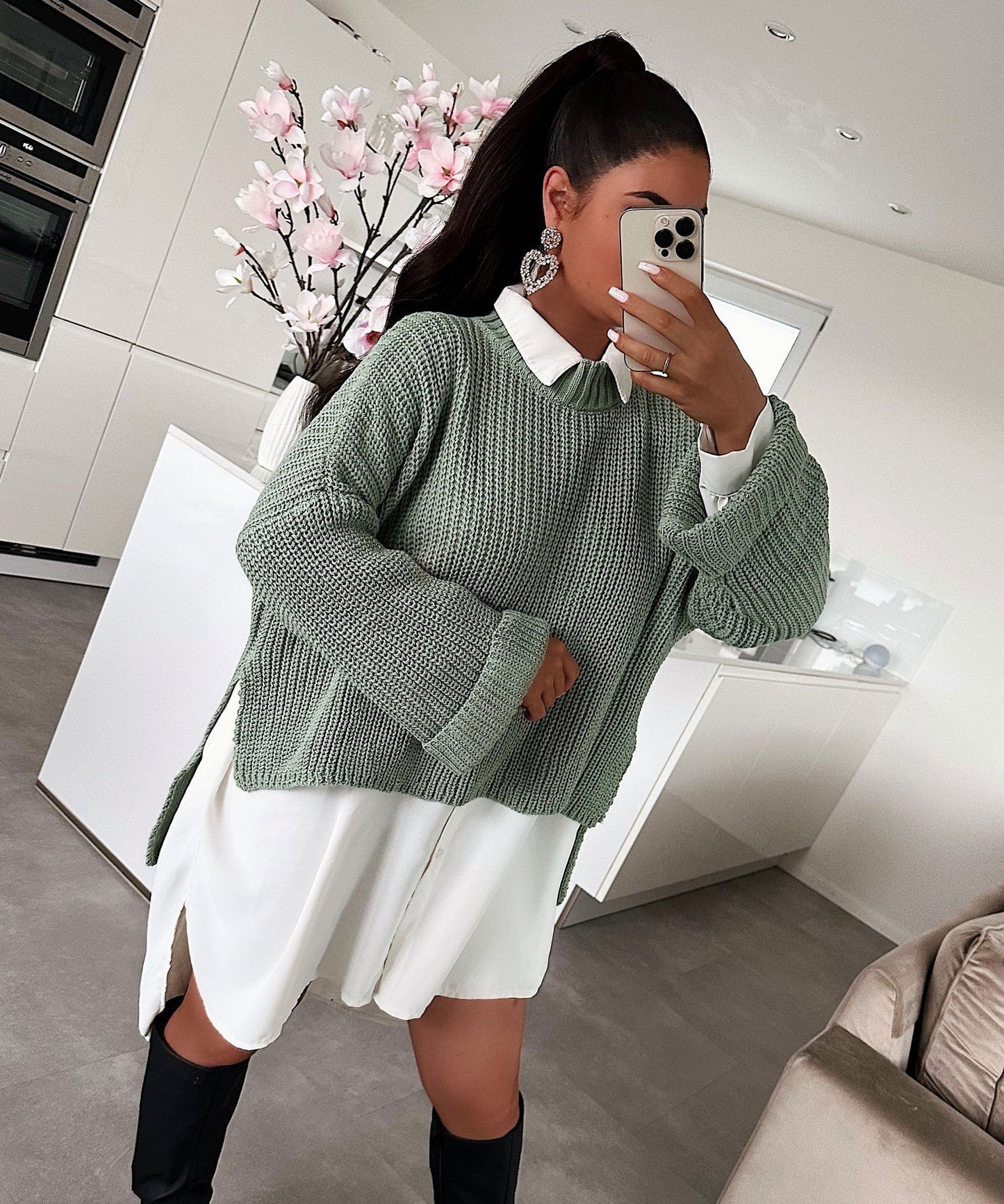 Damen Pullover Strukturiertes Gewebe Weit Schnitt Beige Eveloria