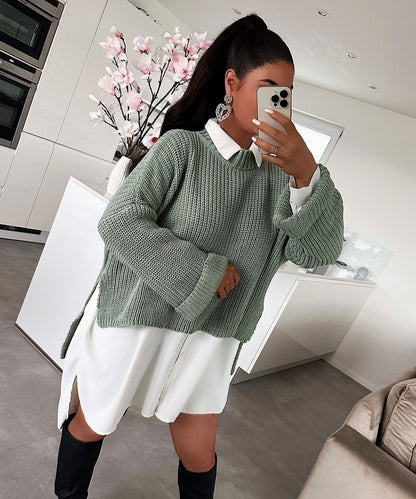 Damen Pullover Strukturiertes Gewebe Weit Schnitt Beige Eveloria