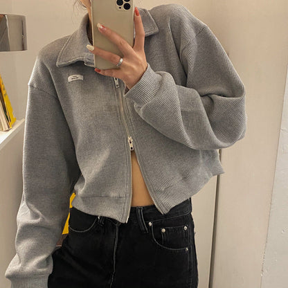 Damen Fleecejacke Cropped Reißverschluss Lässig