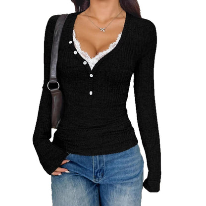 Damen Langarmshirt Strukturiertes Rippdesign Elegante Knöpfe