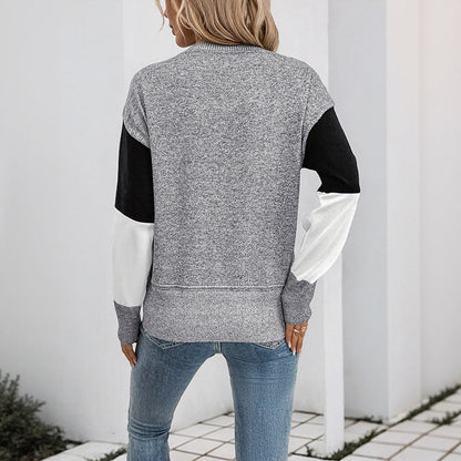 Damen Pullover Patchwork Rundhalsausschnitt Grau
