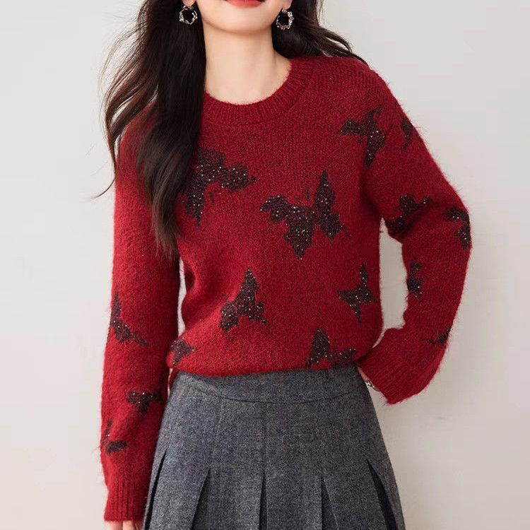 Damen Strickpullover mit Schmetterlingsapplikationen Glitzernd