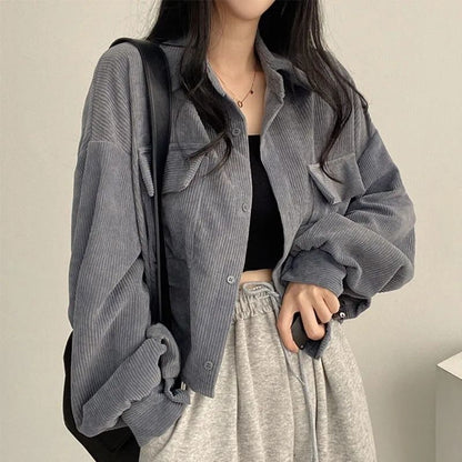Damen Cordjacke Voluminöse Ärmel Braun Eveloria