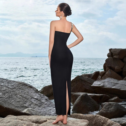 Damen Abendkleid Asymmetrischer Trägerschnitt Strass Eveloria