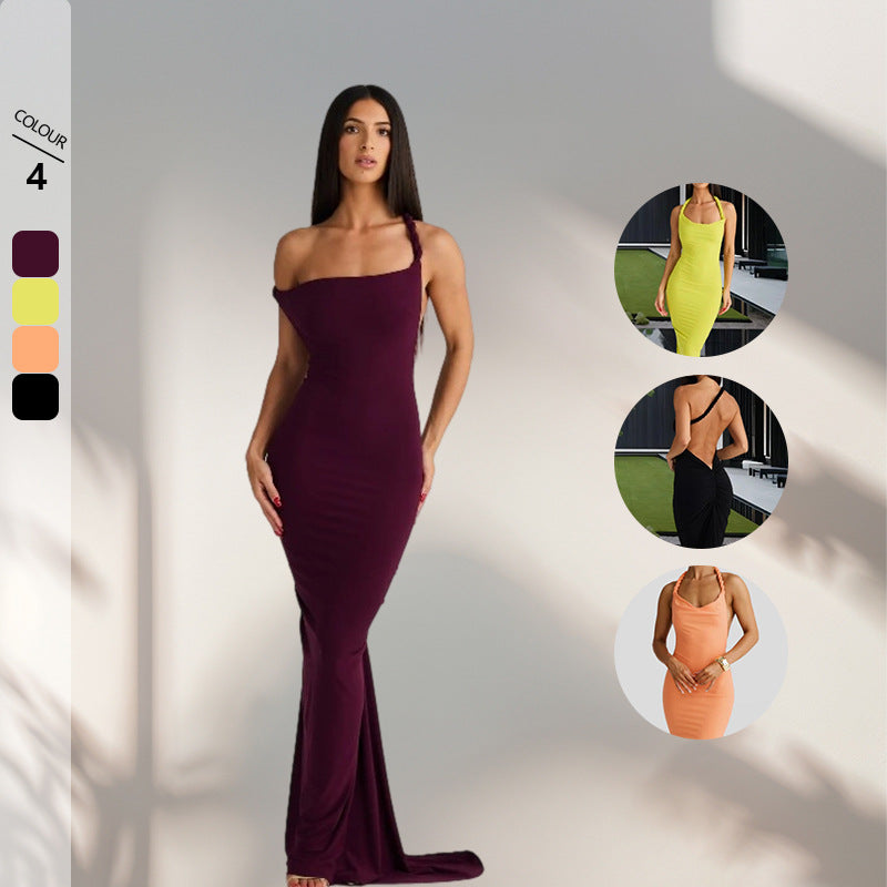 Damen Abendkleid Figurbetont Rundhals Elegantes Halterdesign Schwarz - Eveloria