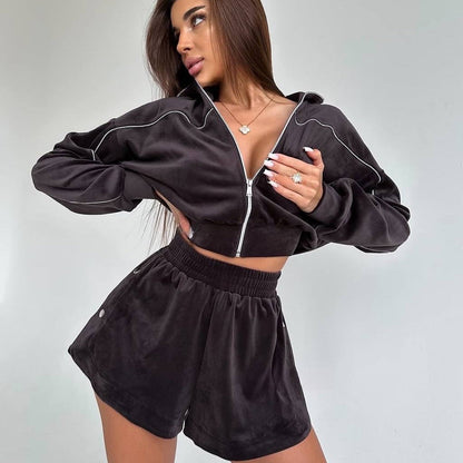 Damen Velours-Set Cropped mit Reißverschluss Elastisch Schwarz - Eveloria