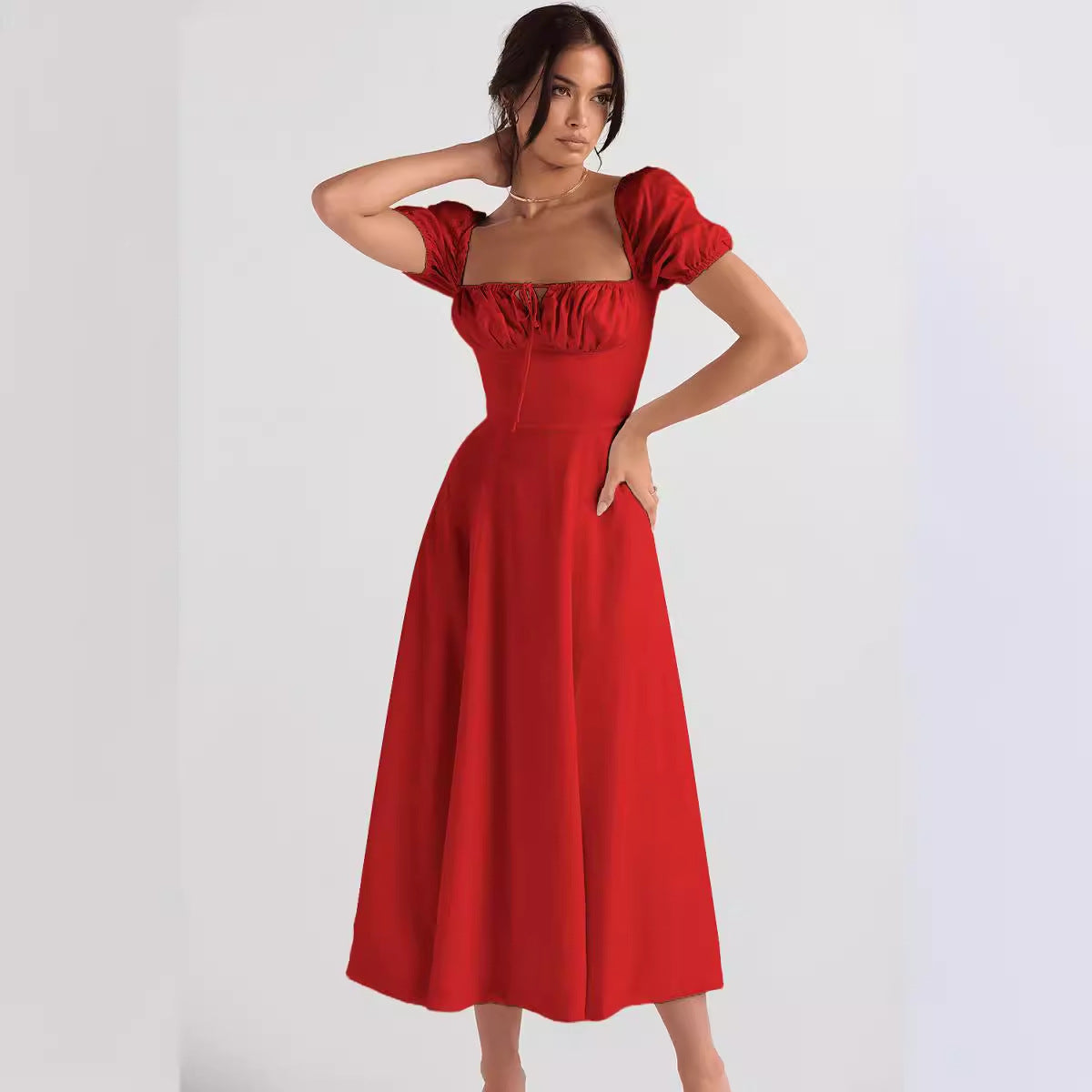 Eveloria Damen Midikleid Puffärmel Raffinierter Ausschnitt