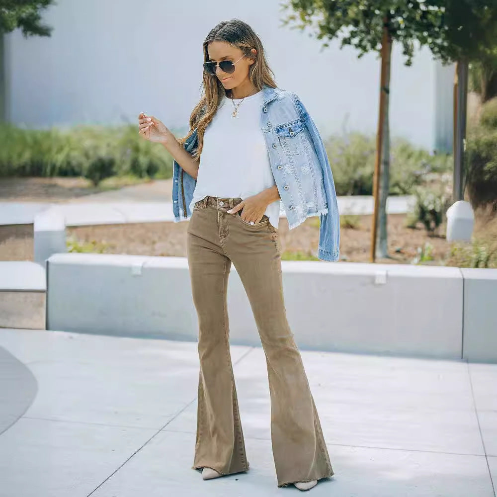 Damen High-Waist Flare Jeans Hohem Bund Stretch