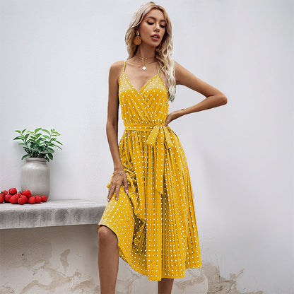 Damen Midikleid Taillengürtel Polka Dot Muster Schwarz - Eveloria