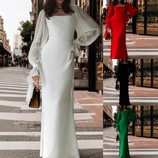 Damen Maxikleid Puffärmel Quadrat-Ausschnitt Eveloria - Eveloria