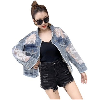 Damen Denimjacke Spitzenverzierung Blau