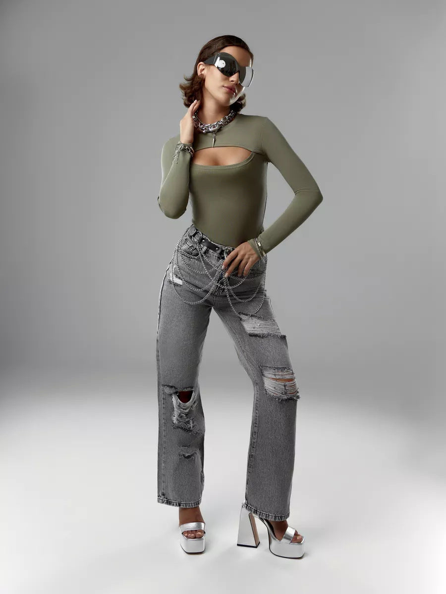 Damen Langarmshirt Feine Rippstruktur Kreativer Ausschnitt