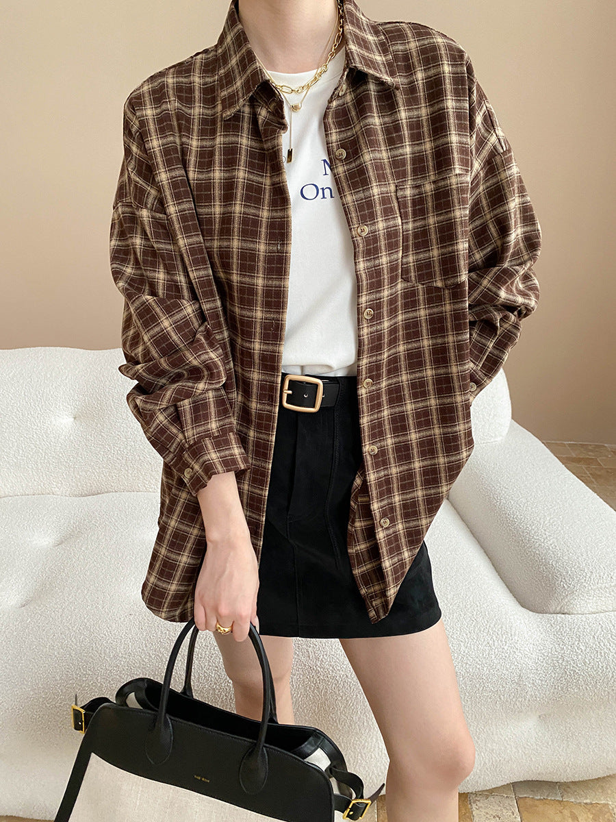 Damen Karobluse Oversized Feine Details Blau