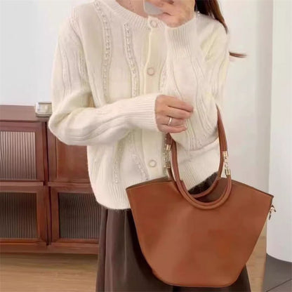 Damen Strickjacke Klassischer Schnitt Perlendetails Beige