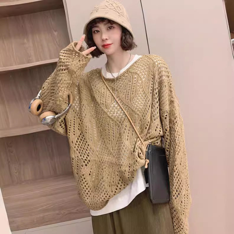 Damen Strickpullover Luftig Netzdesign Beige