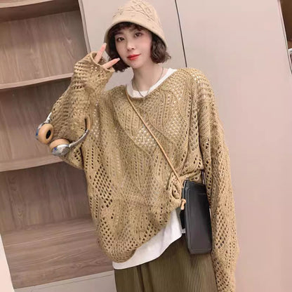 Damen Strickpullover Luftig Netzdesign Beige