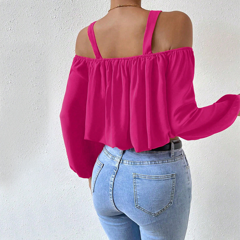 Damen Off-Shoulder Bluse Dekorative Träger Elegante Raffung