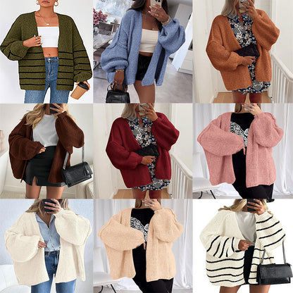 Damen Strickjacke Kuschelig Voluminöse Ärmel Grau Eveloria