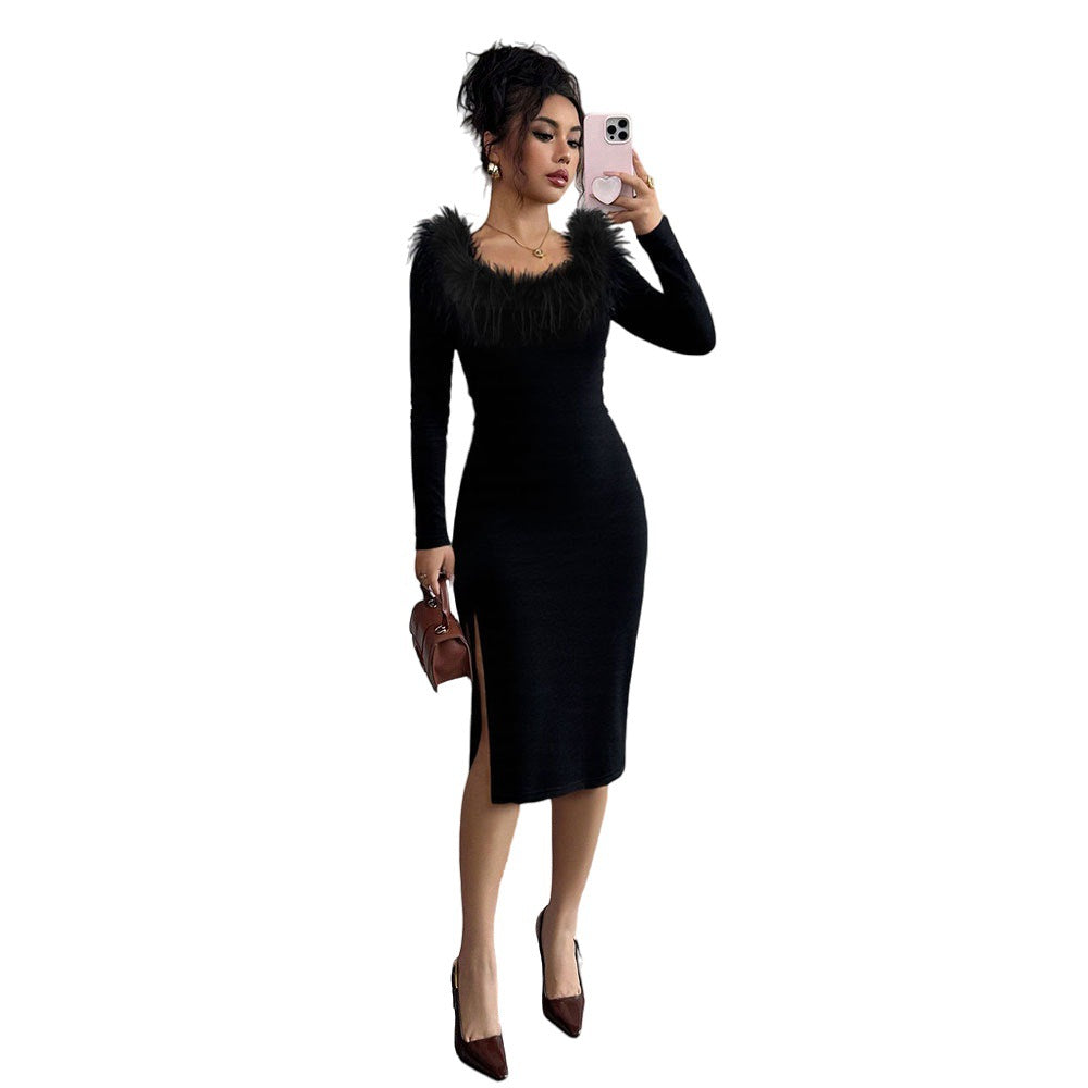 Damen Midi-Kleid Federverzierung Seiten-Schlitz Eveloria