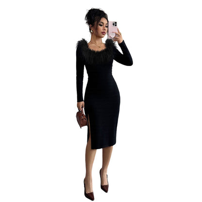 Damen Midi-Kleid Federverzierung Seiten-Schlitz Eveloria