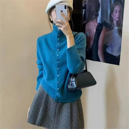 Damen Strickpullover Stehkragen Knöpfe Eveloria