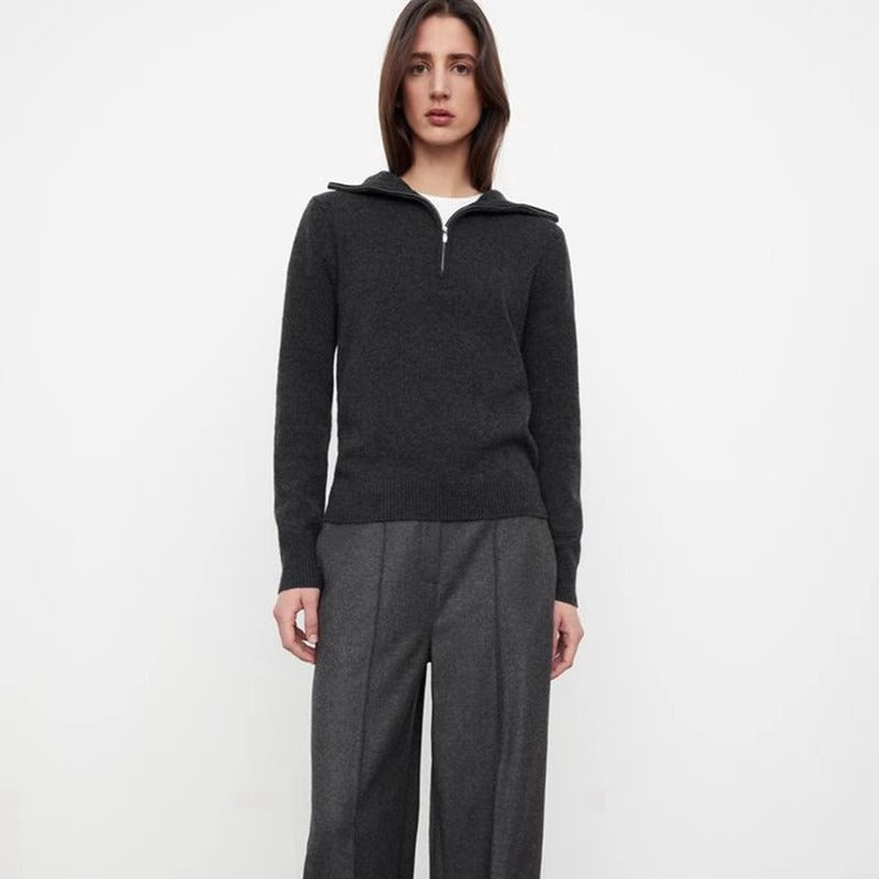 Damen Strickpullover mit Kapuze und Reißverschluss Grau Eveloria
