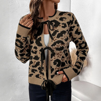 Damen Strickcardigan Animalmuster mit Gürtel - Eveloria