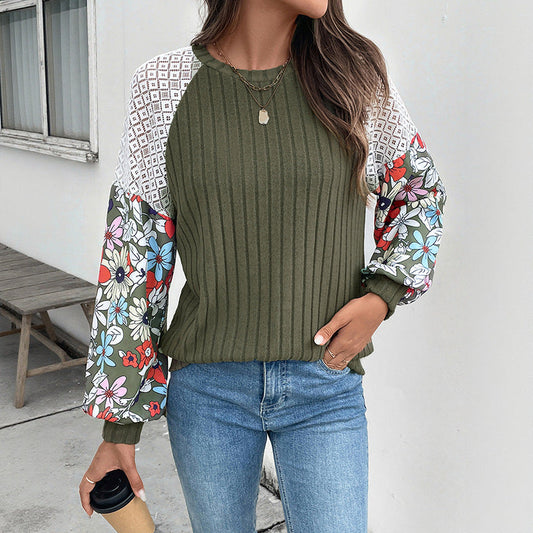Damen Strickpullover Bunt Blumenärmel Rippenstruktur - Eveloria
