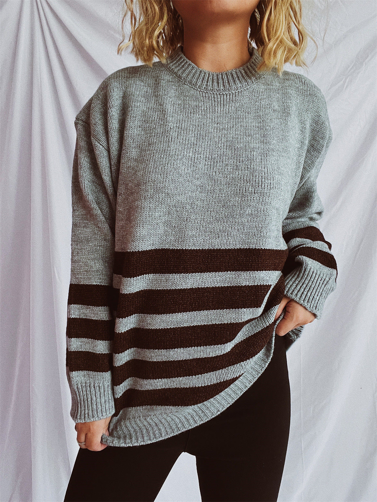 Damen Strickpullover Breites Streifenmuster Eveloria