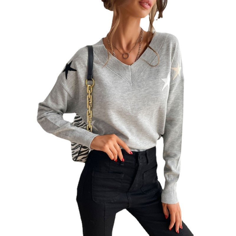 Damen Pullover V-Ausschnitt Sternenmuster Lässig Grau Eveloria