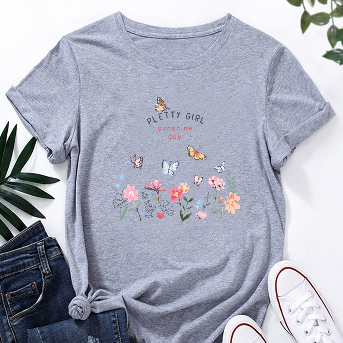 Damen T-Shirt Blumendruck Elegant Weiß