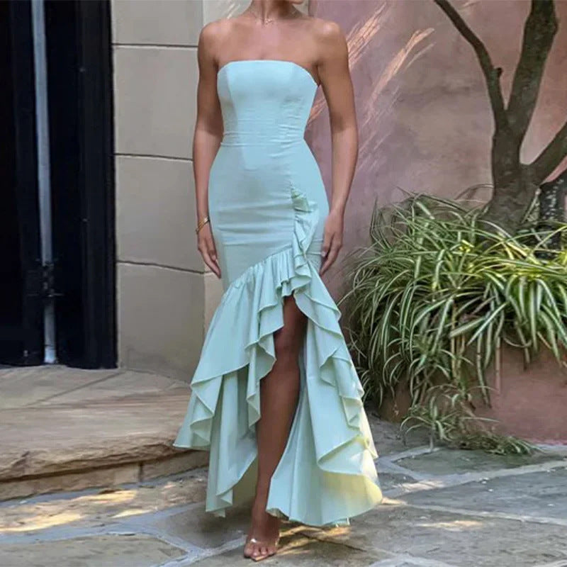 Damen Hochzeitskleid Rüschen Hocher Schlitz Eveloria