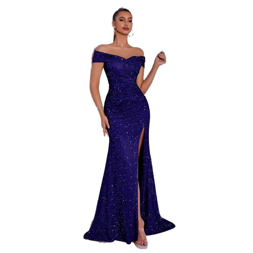 Damen Abendkleid Schulterfrei Pailletten Elegant