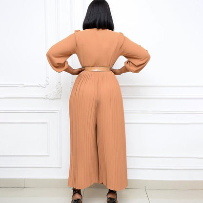 Damen Jumpsuit Plissee mit Gürtel und weiten Ärmeln Eveloria