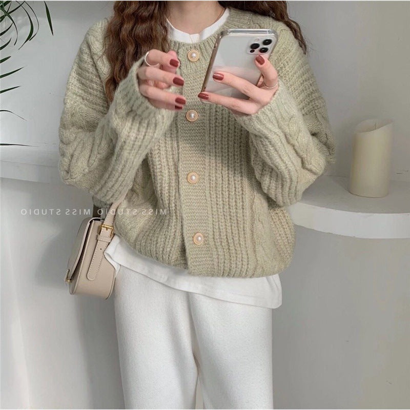 Damen Strickcardigan Kuschelig Perlenknöpfe Beige