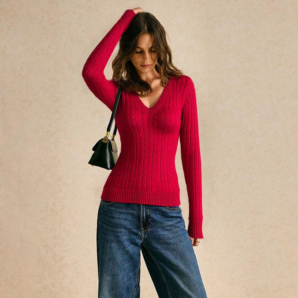 Damen Strickpullover V-Ausschnitt Rippmuster Eveloria
