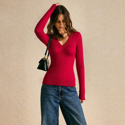 Damen Strickpullover V-Ausschnitt Rippmuster Eveloria