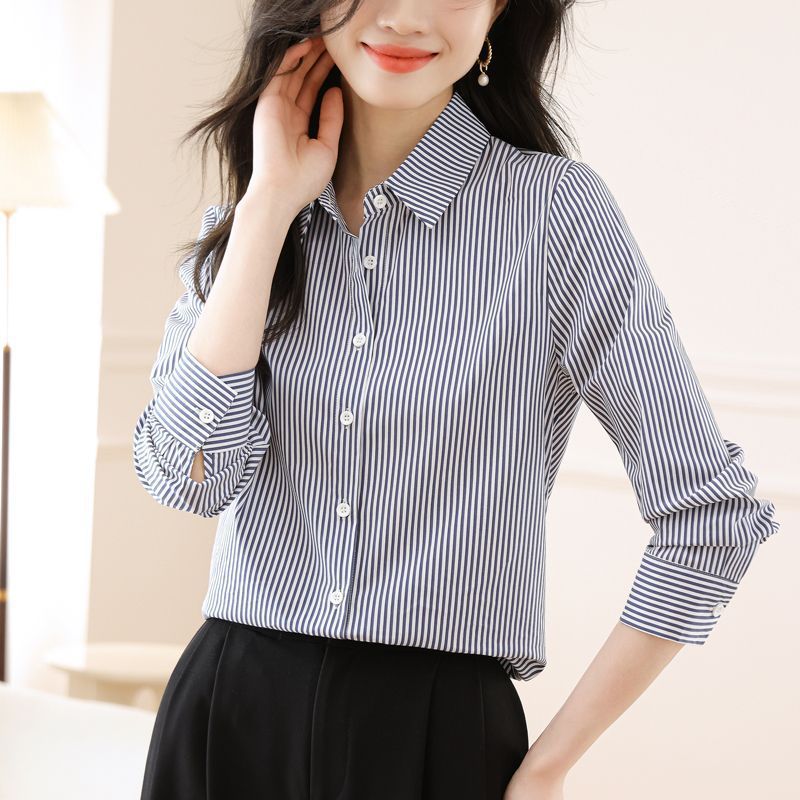 Damen Hemdbluse Gestreift Eleganter Kragen Weiß