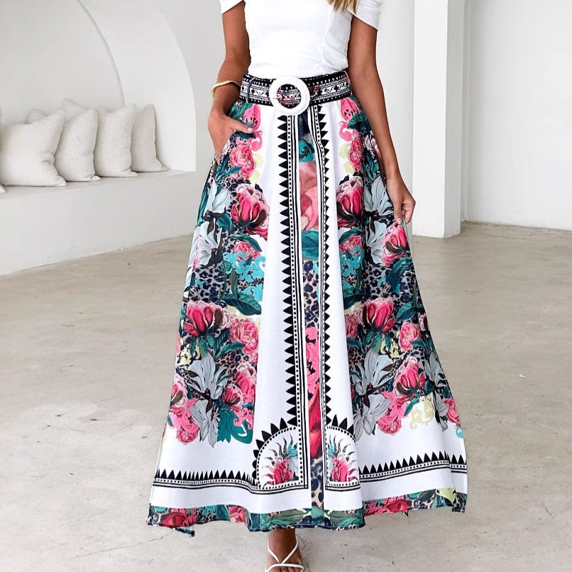 Damen Maxirock Floral Mit Gürtel Eveloria - Eveloria