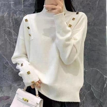 Damen Rollkragenpullover Modisch Dekorative Knöpfe Grau