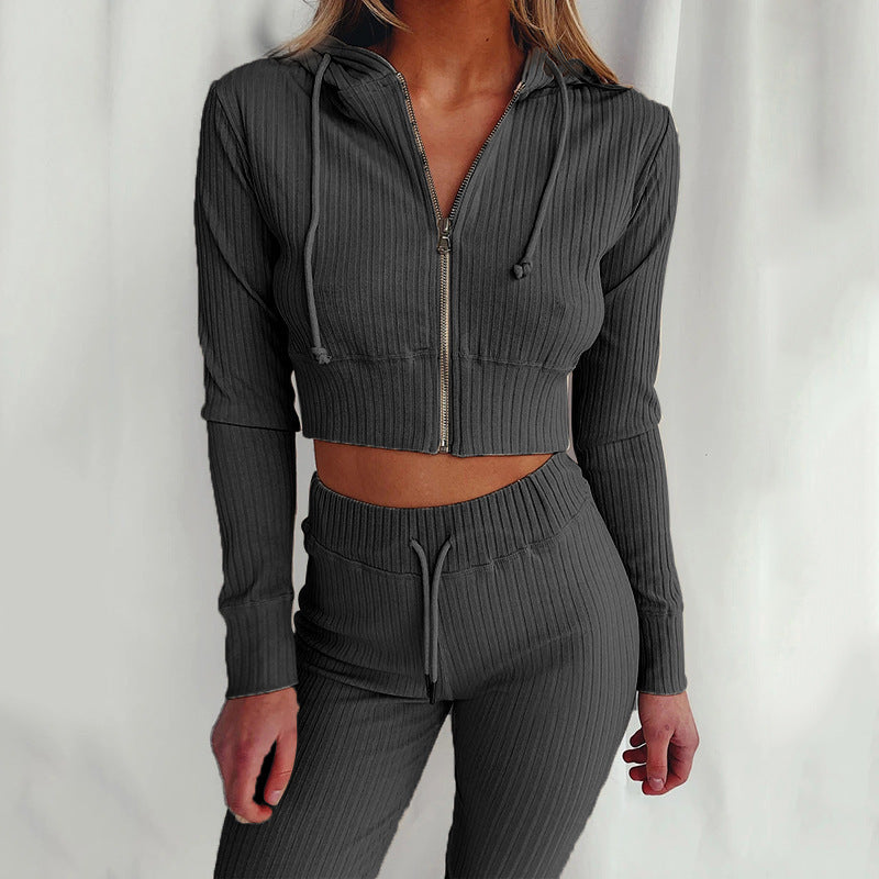 Damen Sportliches Hoodie-Set Feines Rippdesign Hochwertig Beige