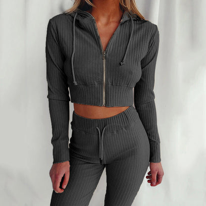 Damen Sportliches Hoodie-Set Feines Rippdesign Hochwertig Beige