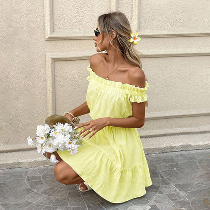 Damen Sommerkleid Kurz Rüschensaum Schulterfrei