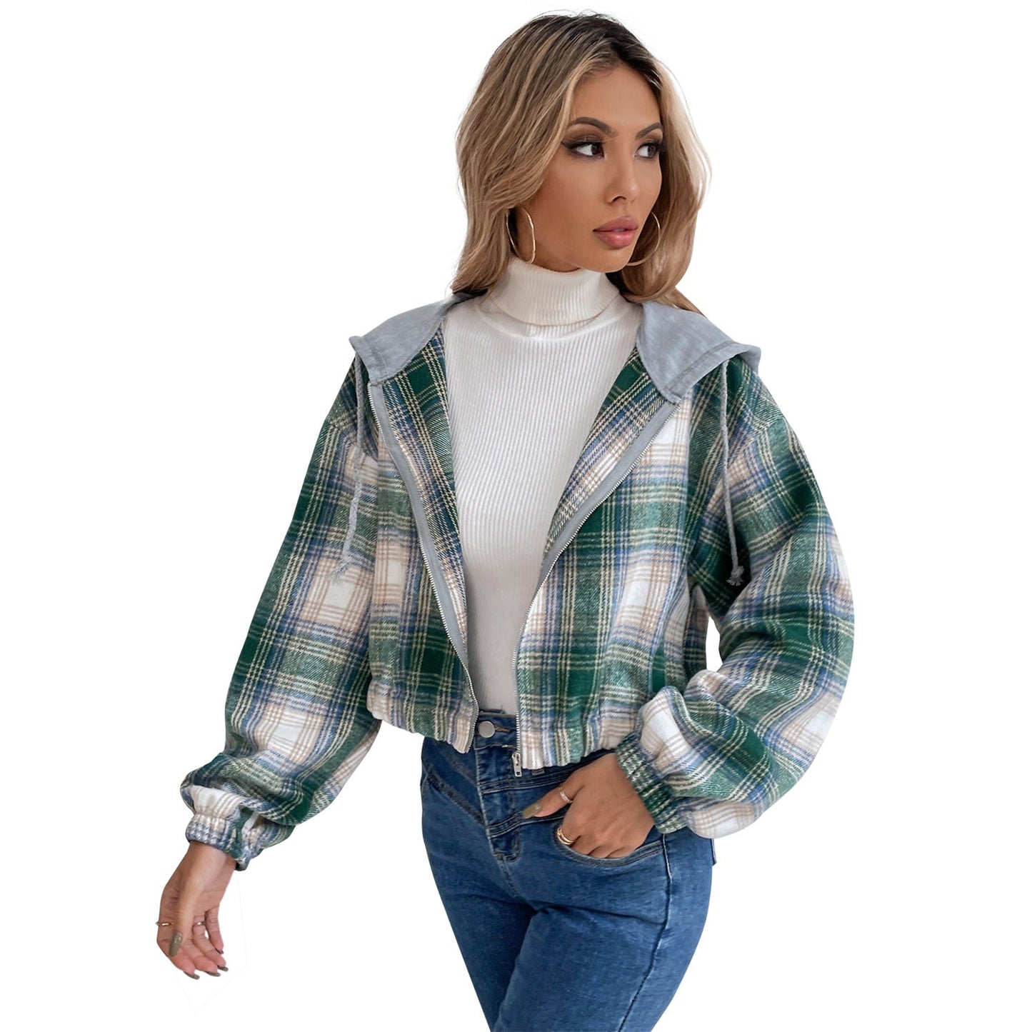 Damen Cropped Flanelljacke Kapuze Karomuster Eveloria