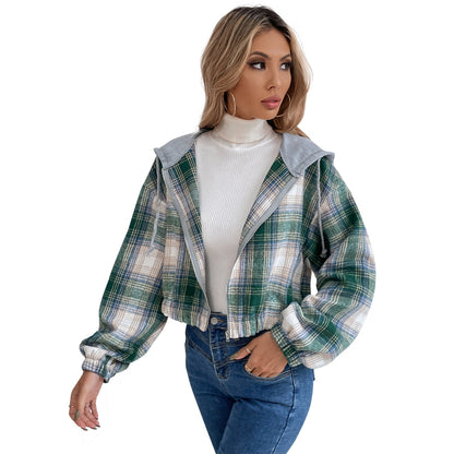 Damen Cropped Flanelljacke Kapuze Karomuster Eveloria
