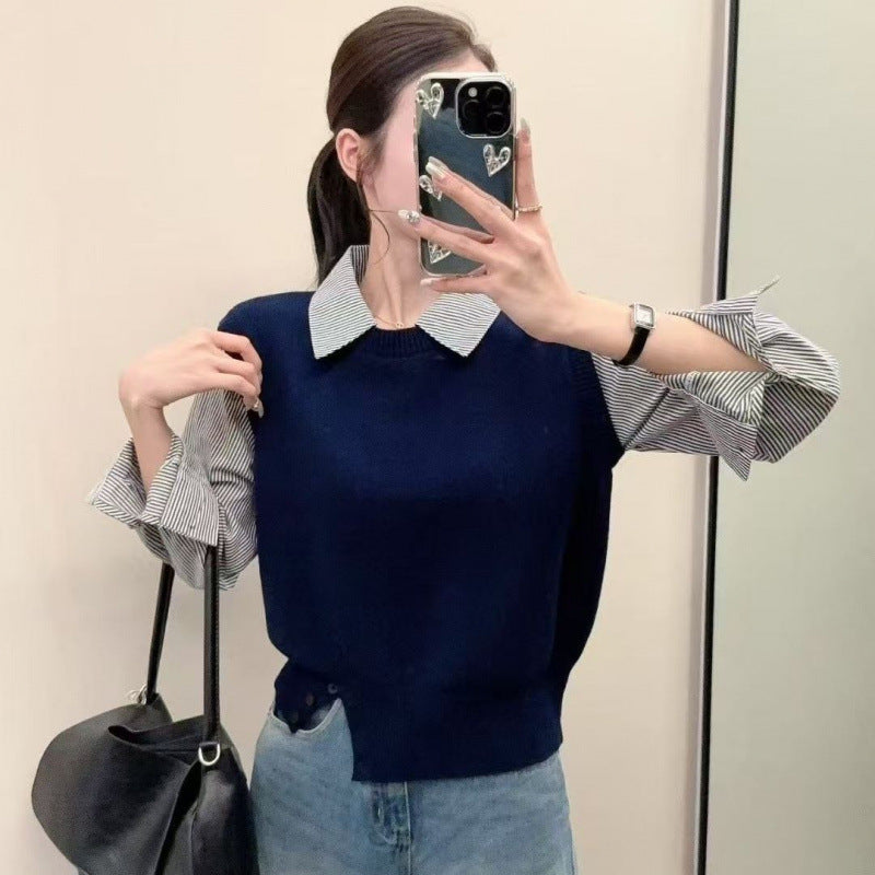 Damen Pullover Lässig Strukturiert Mit Hemdärmel Beige